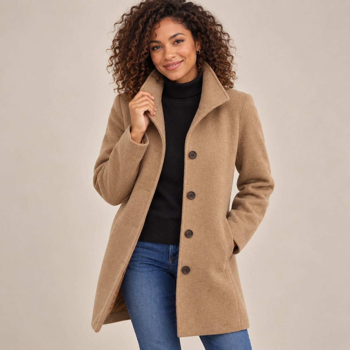 Women's Long Sleeve Button Front Peacoat in Wool Blend