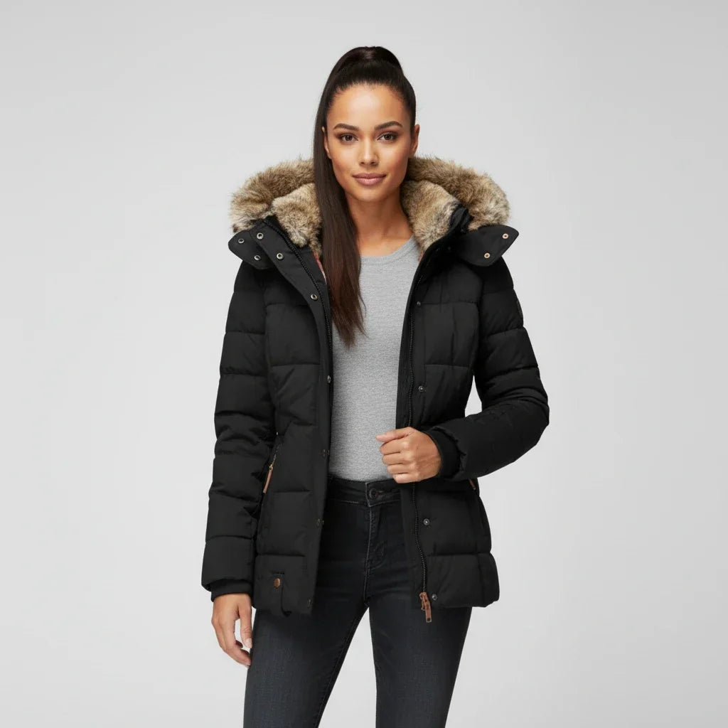 Women's Quilted Puffer Jacket with Hood and Faux Fur Trim